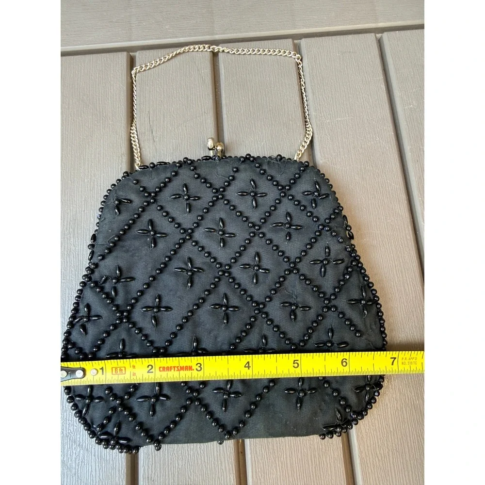 Vintage Black Beaded Evening Bag Made in Japan Kiss Lock Gold Chain Clutch -BE